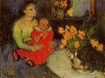 Mother and child behind the bouquet of flowers